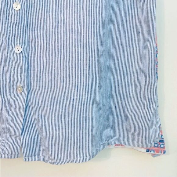 J. Jill Linen Blue & White Stripe Button Down Shirt W/ Sheer Floral Print Back - Picture 5 of 16